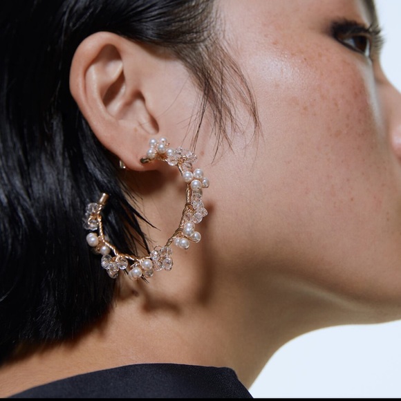 BRAND NEW Zara Crystal Drop Hoop Earrings, Gold - Picture 4 of 8